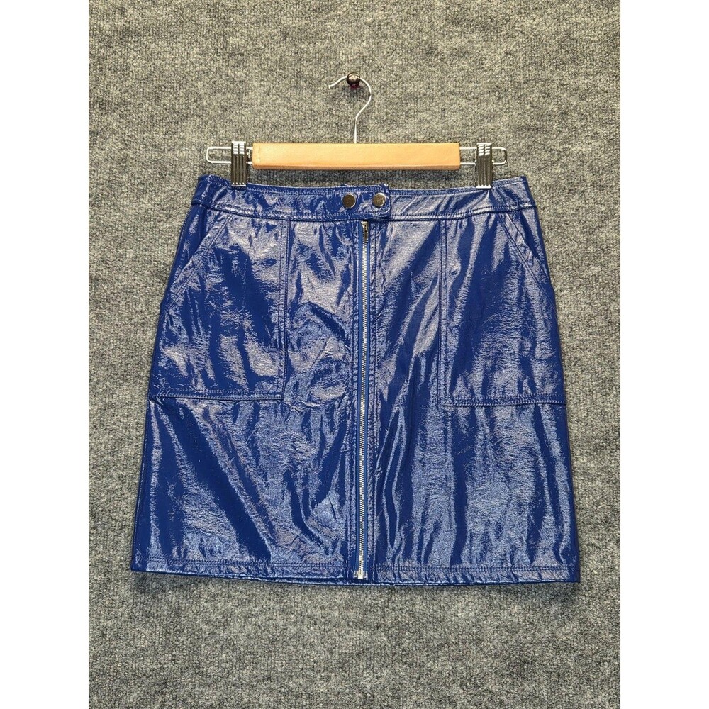 Shinestar Skirt Womens Medium Blue Faux Leather Mini Zip Front Pockets Shiny